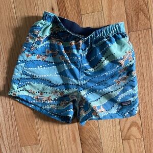Patagonia Navy and Aqua Fish Print Swim Trunks